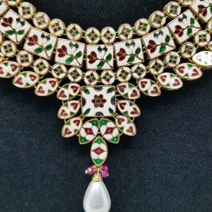 Vintage Floral Cloisonne' Bib Necklace 3 Piece Set Reversible Jeweled Design